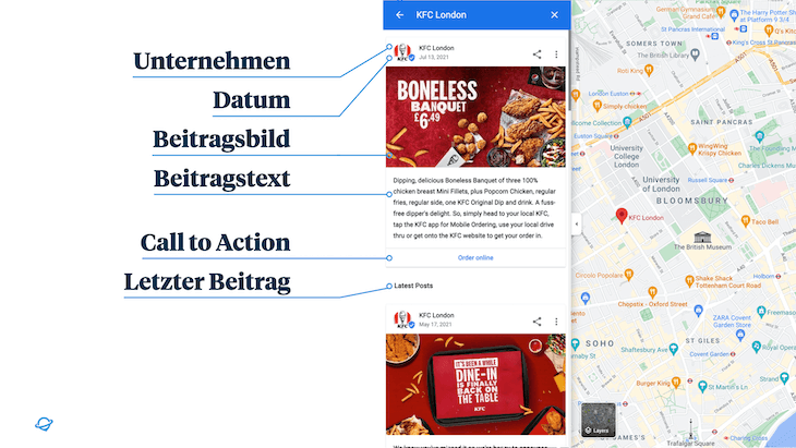 Ansicht der Posts bei einem Google Unternehmensprofil mit Erläuterungen